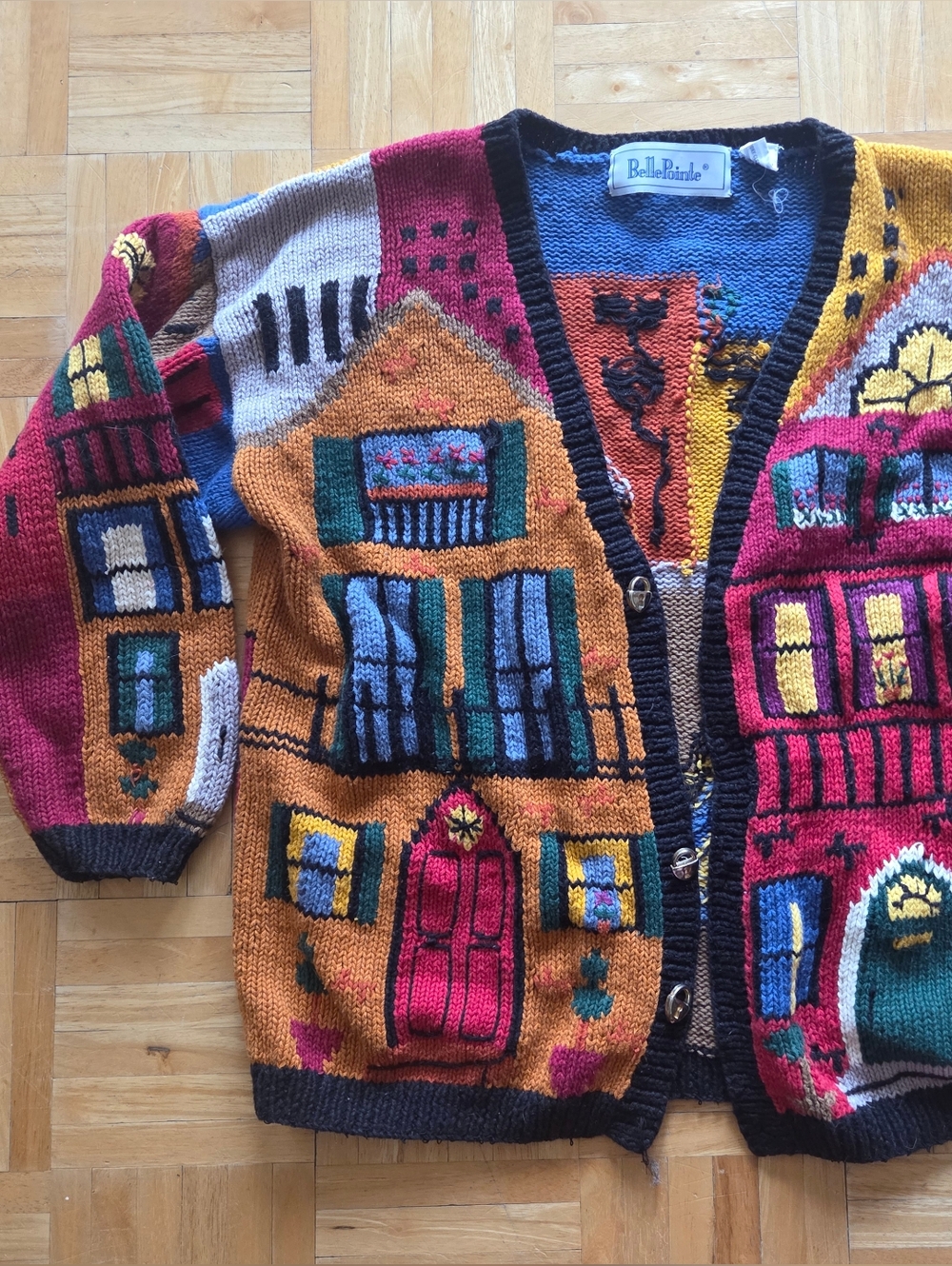 BelleFawn Multicolor Novelty Knit Cardigan - Architectural House Motif